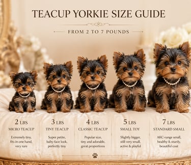 Teacup Yorkie size guide-2 to 7 pounds, micro teacup to standard small Yorkshire Terrier comparison