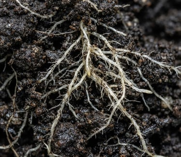 Extreme macro close-up of healthy root structures in dark soil, crisp details, clinical scientific photography, bright clean laboratory lighting, high-contrast cool tones, 50mm.