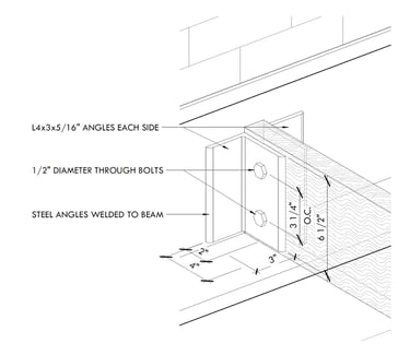 A construction detail drawing of wood-steel beam connection