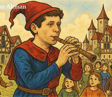 Sam Altman Flautista de Hamelín in a red hat playing a trumpet