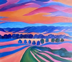 Colorful landscape painting in pink, blue, and orange tones – Australian contemporary art by Eleanor Crouch