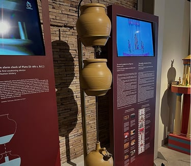 Réplica de despertador de água atribuído a Platão, exibida no Museu de Tecnologia Grega Antiga