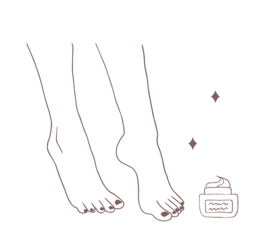 Illustratie van voeten met een crème pot, symbool voor verzorging en hydratatie.