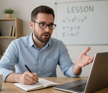 Male English teacher supporting students with language for university