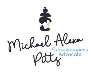 Brand art of Michael Alexa Pitts, in black cursive, Consciousness Advocate, skyblue print, a black rock cairn, a white orchid