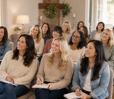 A group of diverse women smiling and taking notes during an indoor Christian women's conference or seminar.