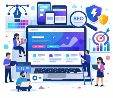 Digital marketing team working on web development, SEO optimization, and graphic design illustration.