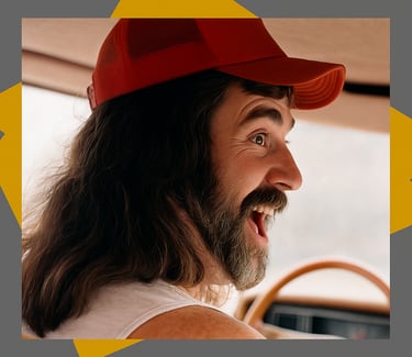 a man with long hair and a red hat