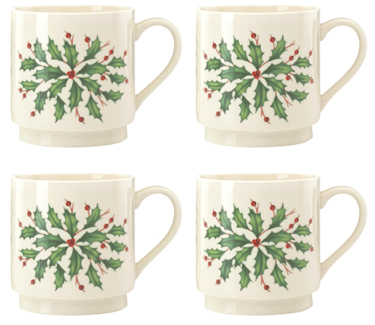 4 pcs stackable mug set in cream with Christmas garland decoration on middle