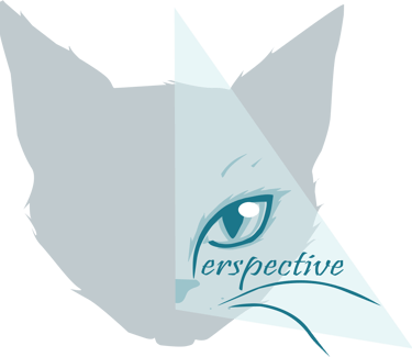 a logo showing a grey shadow of a cat head looking through a blue triangle