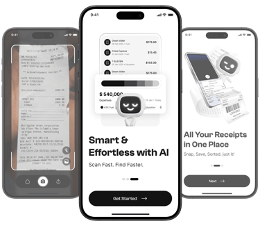 Taxr app interface showcasing receipt scanning, expense tracking & reports