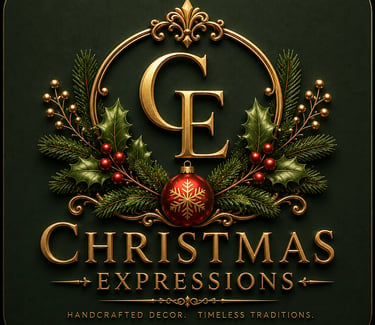 Elegant gold Christmas Expressions logo featuring holly, pine branches, and a red ornament on a dark green background.