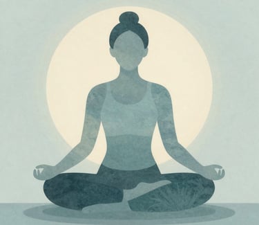 A serene professional in a navy suit practicing mindfulness outdoors at sunrise.