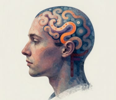 A serene professional in a navy suit practicing mindfulness outdoors at sunrise.