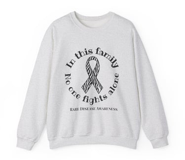 In This Family No One Fights Alone | Rare Disease Awareness | Zebra Ribbon | Crewneck Sweatshirt, Ash