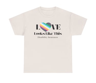 Love Looks Like This | Disability Pride Flag Heart | Disability Awareness | Cotton Tee, Ice Grey