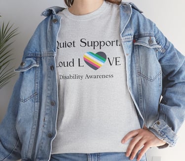 Quiet Support, Loud Love | Disability Pride Flag Heart | Disability Awareness | Cotton Tee, Ash