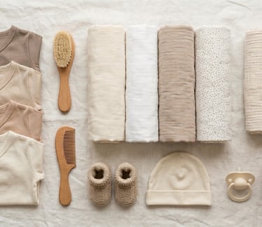 Bovenaanzicht van een newborn babyuitzet checklist met overslagrompertjes, opgerolde hydrofiele doek