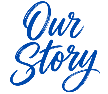 Handwritten blue brush script text reading “Our Story” in a stacked two-line layout on a clean white background.