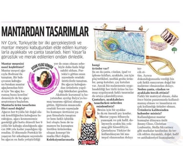 Turkish newspaper interview about eco-friendly fashion featuring sustainable mushroom leather shoes and handbags.