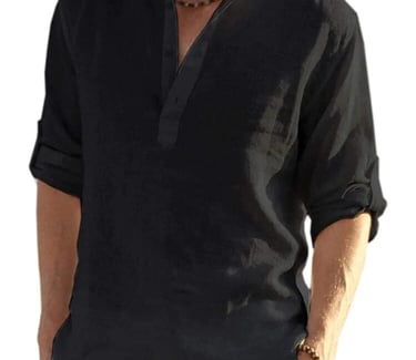 a man in a black shirt and white pants