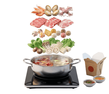 a split hotpot with spicy red and clear herbal broths surrounded by fresh ingredients.