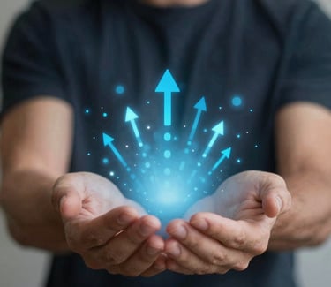 Man holding glowing blue arrows symbolizing business growth, financial success, and upward progress.