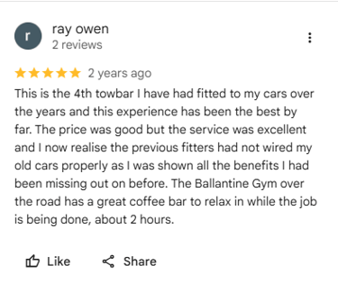 Google review from Ray Owen praising Starmo Auto Electrics for excellent towbar fitting service,