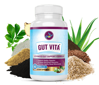 Gut Vita advanced gut support formula supplement bottle with natural digestive ingredients and fiber.