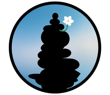 unanomalize podcast brand icon in a black circle with blue sky, black stacked stone cairn, white orchid growing out of cairn