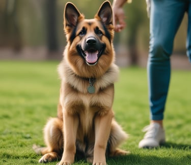 A cartoon sign featuring a dog holding a bag in its mouth, set against a backdrop of fluffy clouds and a blue sky. The sign reads 'Get Caught Holding the Bag' and below it warns 'Please pick up after your dog'. It is positioned in a park with green grass, a few trees with autumn leaves, and a clear blue sky.