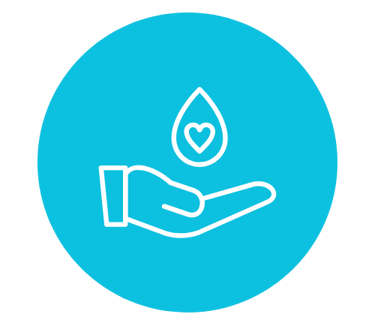 Ícono blanco de una mano con una gota y corazón que simboliza el compromiso social y la solidaridad