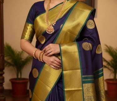 Woman in an elegant navy blue silk saree with gold zari border and traditional Indian jewelry.