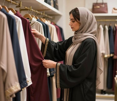 A woman in a black abaya and hijab browsing luxury modest clothing in a high-end fashion boutique.