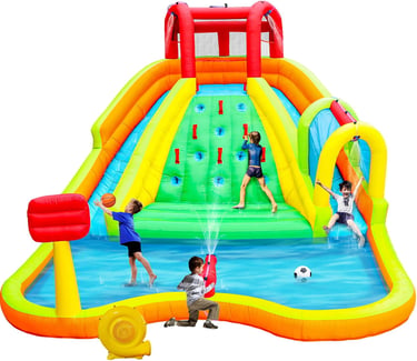 Inflatable Water Double Slides Park, Bounce House with Arched Water Gun Spray, Jumping Castle with A