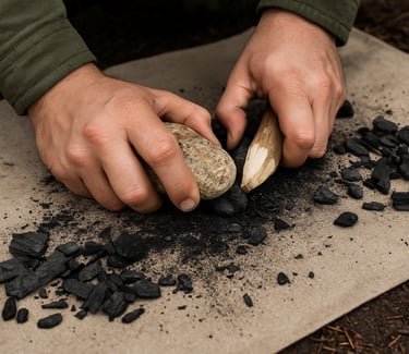 Crushing survival charcoal with stones for bushcraft fire starting filtration and biochar made in the wilderness