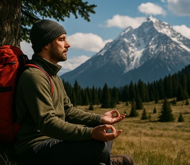 Backpacker meditating in alpine wilderness for mental clarity, promoting calm and focus in survival situations