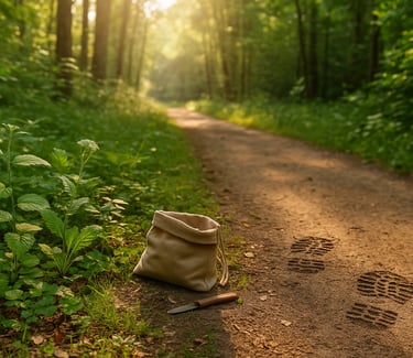 Abandoned foraging tools and footprints on forest trail showing tracking and navigation clues