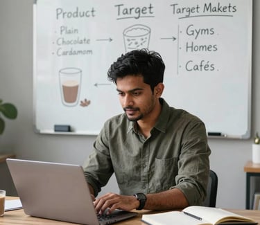A businessman works on a laptop in front of a whiteboard showing product target market strategy.