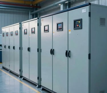 A wide shot of a modern industrial floor with rows of high-tech electrical cabinets and control systems, illuminated by professional Steel Blue lighting, Global / Industrial setting.