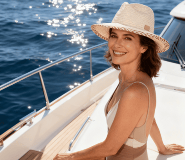 Femme sur le pont d'un bateau en maillot blanc portant le chapeau de paille CALYPSO  UPF50+ 