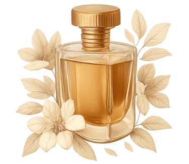 A luxury perfume bottle with golden details, surrounded by stylized cream-colored floral elements.