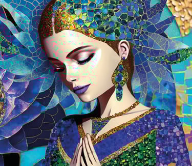 Lady praying, mosaic, blues, purples, golds and greens.