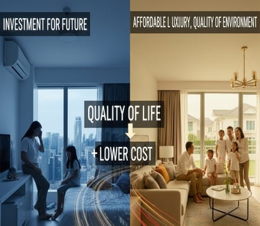 Comparison of high-cost, small Singapore apartment vs. spacious, lower-cost Johor home for family