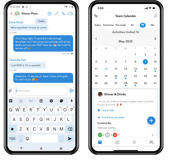 two iphones with a calendar on the screen, chats, and friend group event plans with signups & slots
