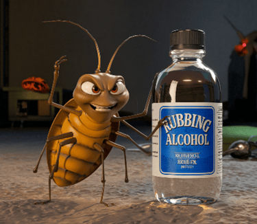 a bottle of rubbing alcohol next to a bed bug
