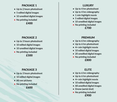 Fred Art Studio pricing chart for fashion, event, and family photo and video packages.