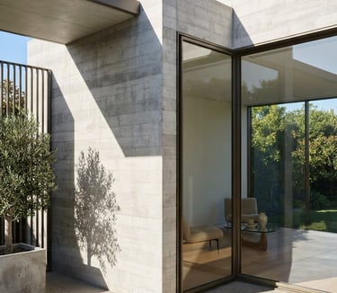 Bright architectural photography of a modern minimalist concrete residence corner, sharp geometric shadows, sun-drenched morning light, 35mm lens, high-end real estate