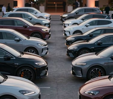 An organized row of high-end luxury SUVs and sports cars parked at a private event. The composition is symmetrical and professional, showing strategic management. Lighting is dusk with subtle #6A0505 architectural highlights.