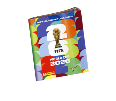 Official Panini FIFA World Cup 2026 sticker album with colorful abstract graphics and trophy logo.